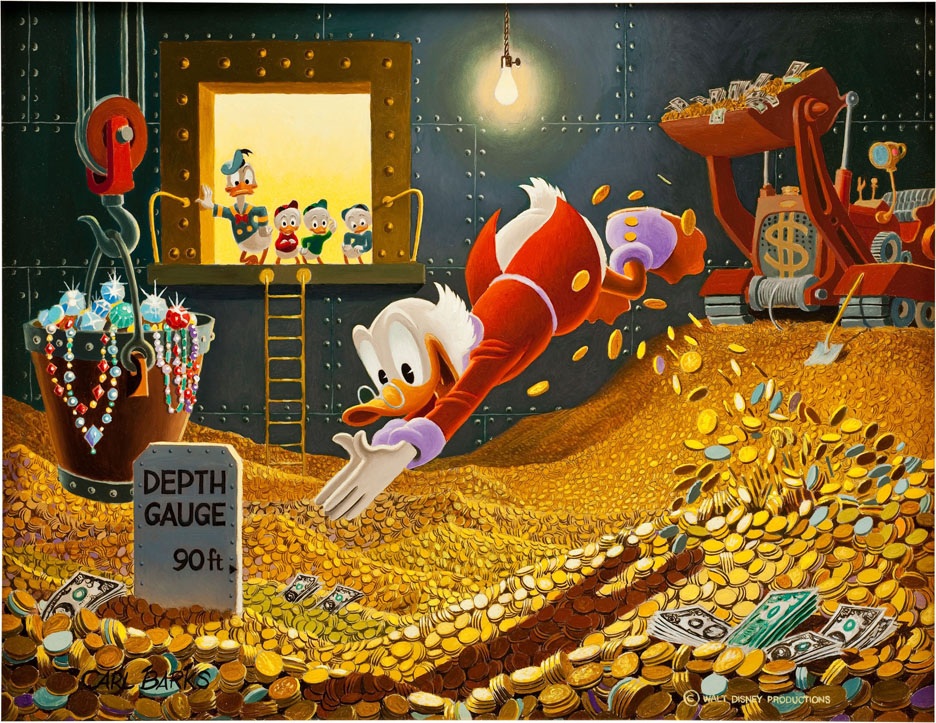 Uncle Scrooge diving into gold
